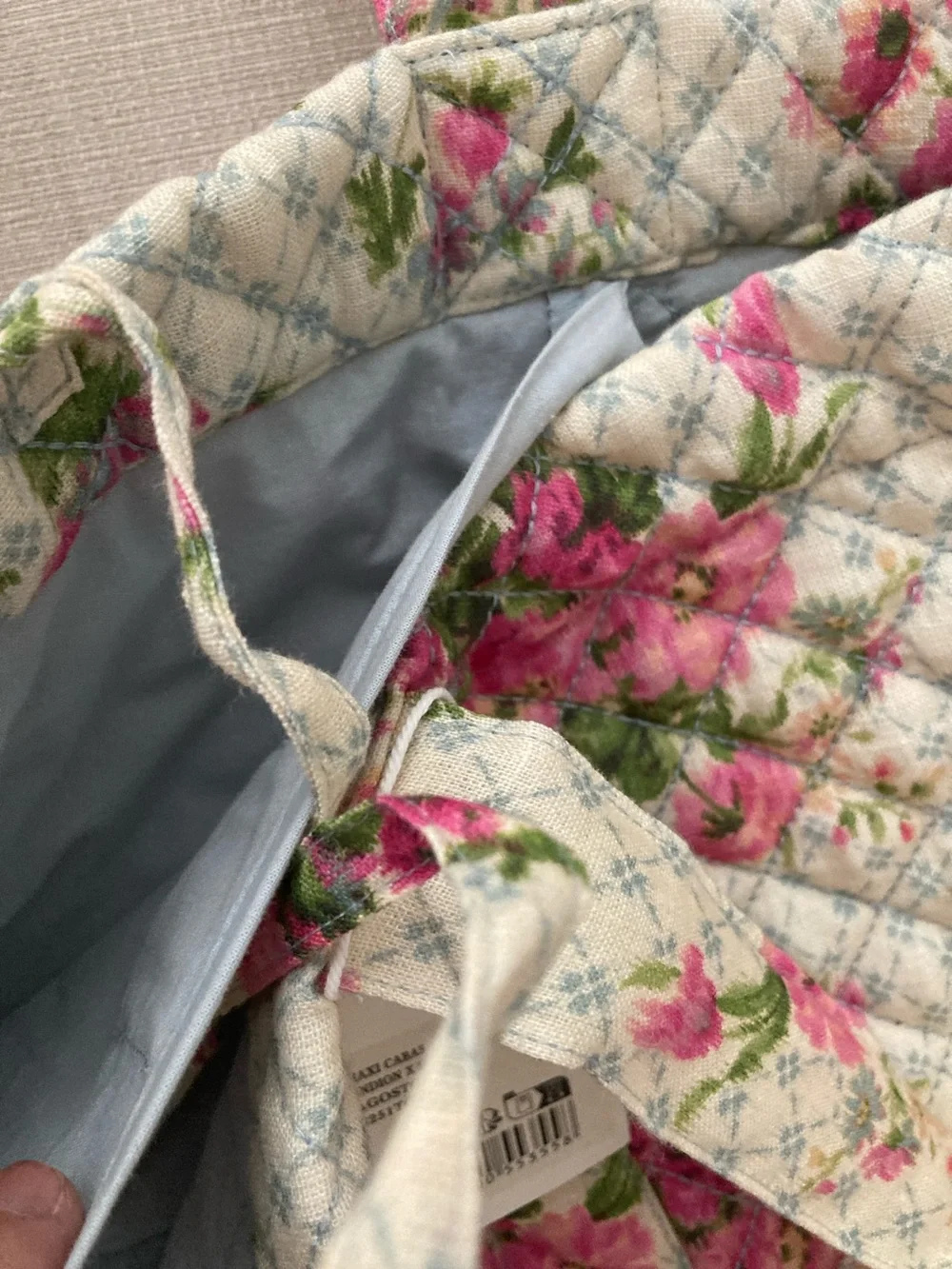 Sezane Quilted Cream Tote with Pink Floral Print